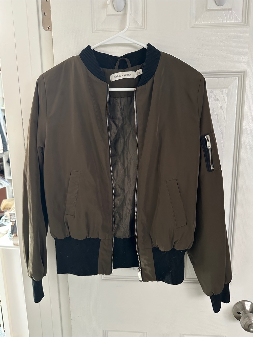 bishop + young Olive Green Bomber Jacket with Black Ribbing